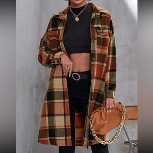 New Cozy Plaid Flap Pocket Drop Shoulder Long Jacket Shacket Coat Fall Colors